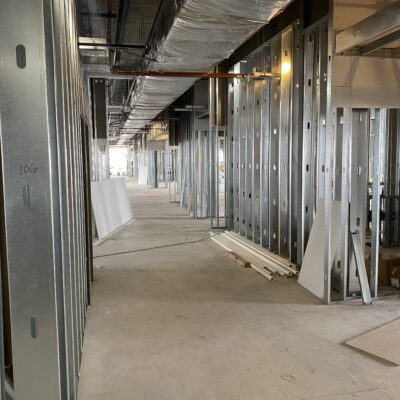 South learning neighborhood. PreK-2nd grade will be located here. This is the first floor where PreK & K will be. All of the stud walls are up and most of the plumbing and HVAC is done.