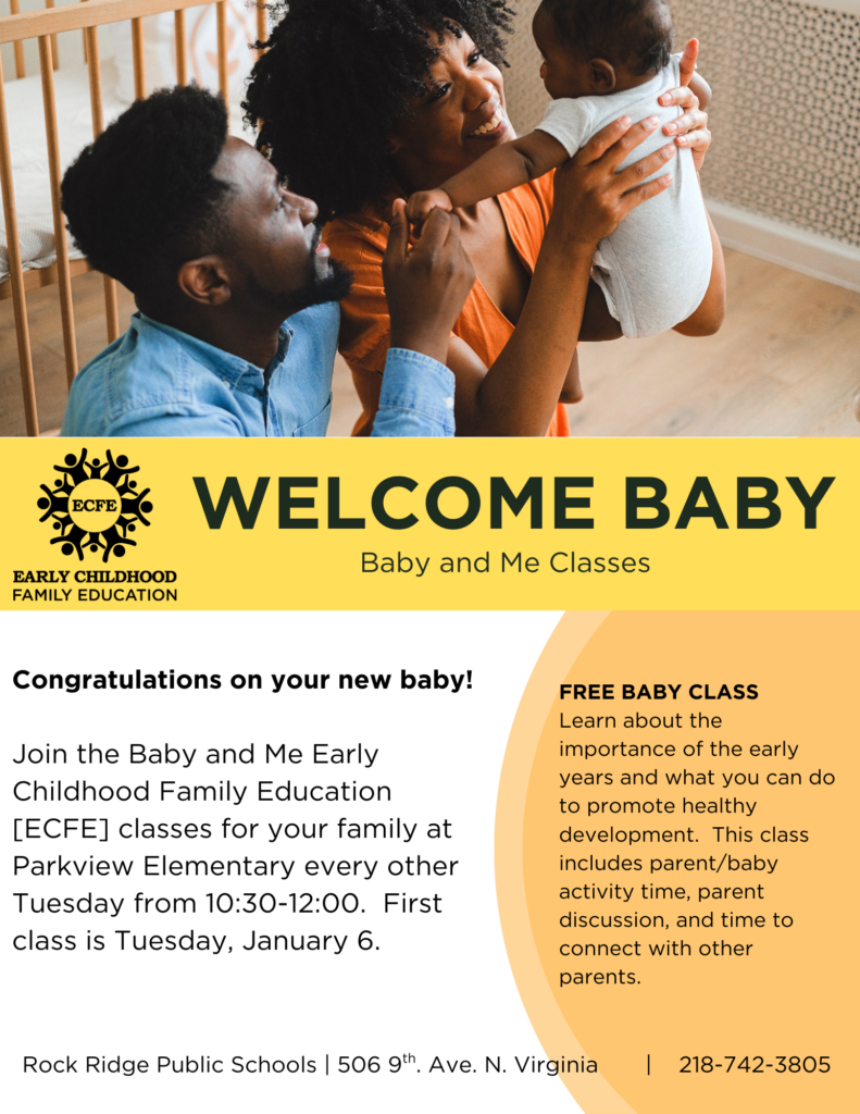A mother and her child smile and hug in a warmly lit room. The flyer promotes Parkview ECFE Welcome Baby parent and baby classes, supporting early childhood education, with dates, times, and free class info. Contact and location included.