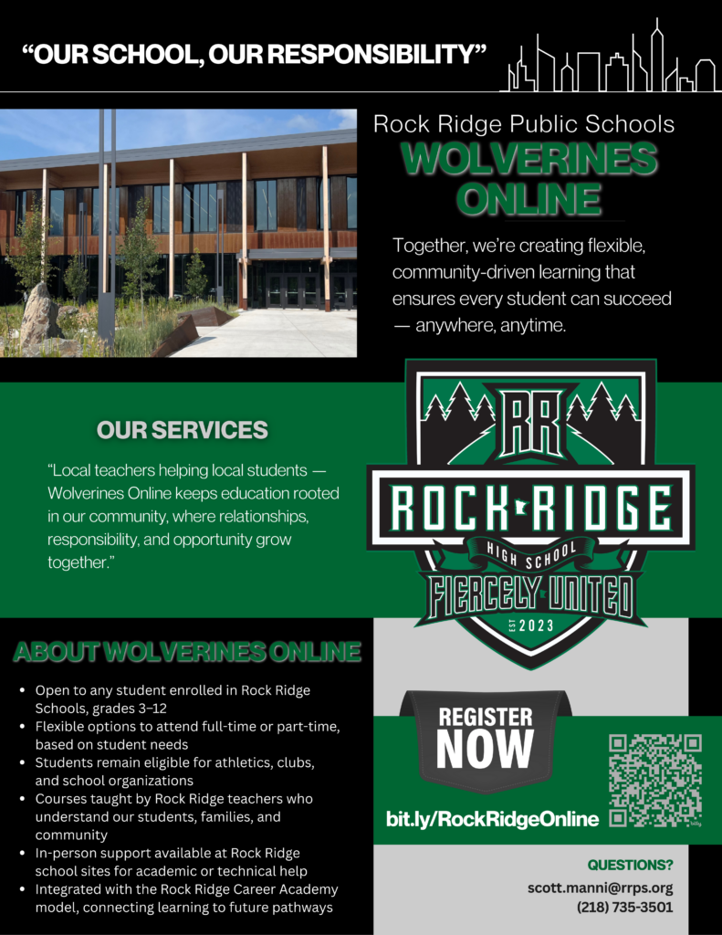 A Rock Ridge Public Schools flyer promotes Wolverines Online, offering flexible K–12 learning rooted in community-driven values. Discover program benefits, services, and a “register now” button, plus contact details for Wolverines Online.