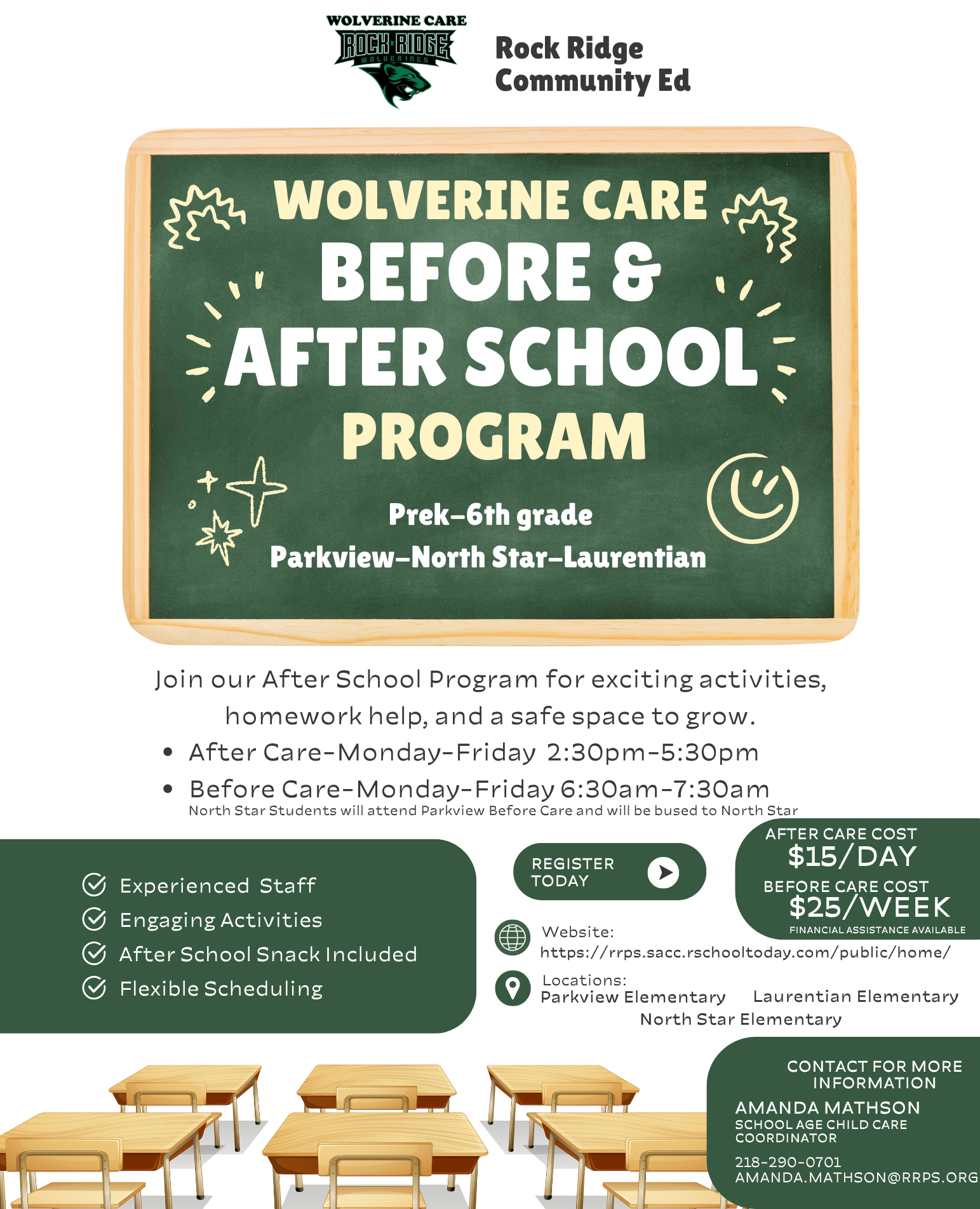 Flyer for Wolverine Care Before & After School Program for PreK–6th grade at Parkview and North Star–Laurentian. Includes details on hours, activities, fees, contact info, and an illustration of classroom desks and chairs. Wolverine care matters!.