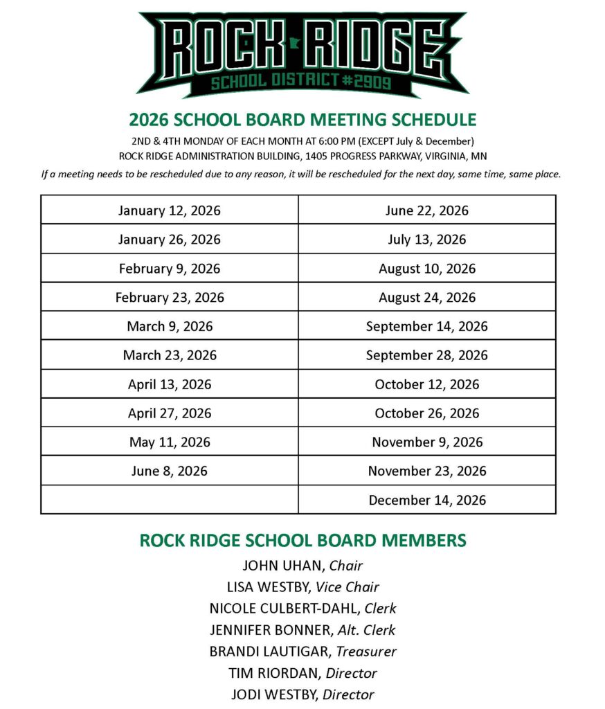 A schedule of 2026 Rock Ridge School District board Meeting Dates, held at 6:00 PM on the 2nd and 4th Mondays monthly. Below is a list of school board member names and their titles.