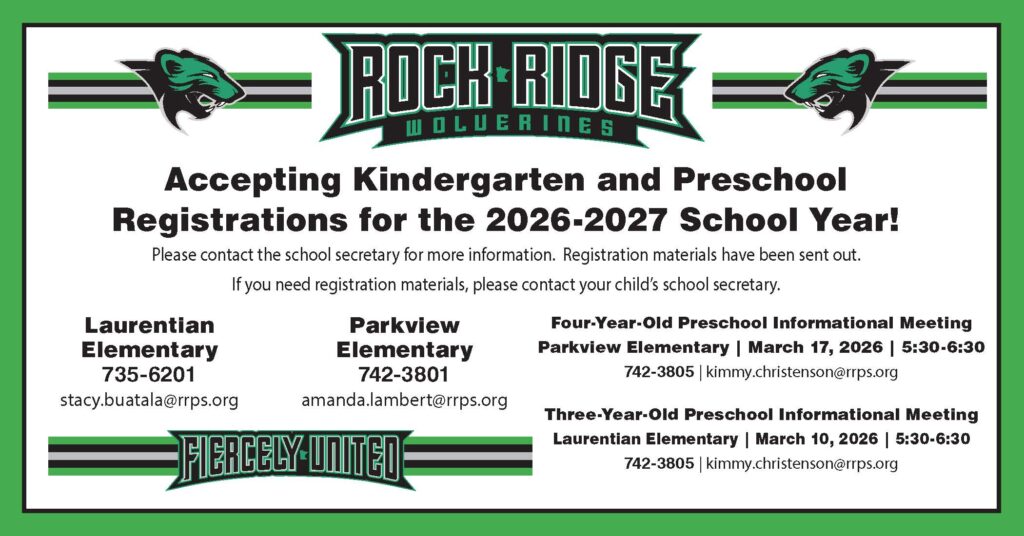 A flyer for Rock Ridge Wolverines announces Kindergarten Registration and Preschool Registration for 2026-2027, listing contacts for Laurentian and Parkview Elementary plus preschool informational meeting details. Green and black colors, panther mascot.