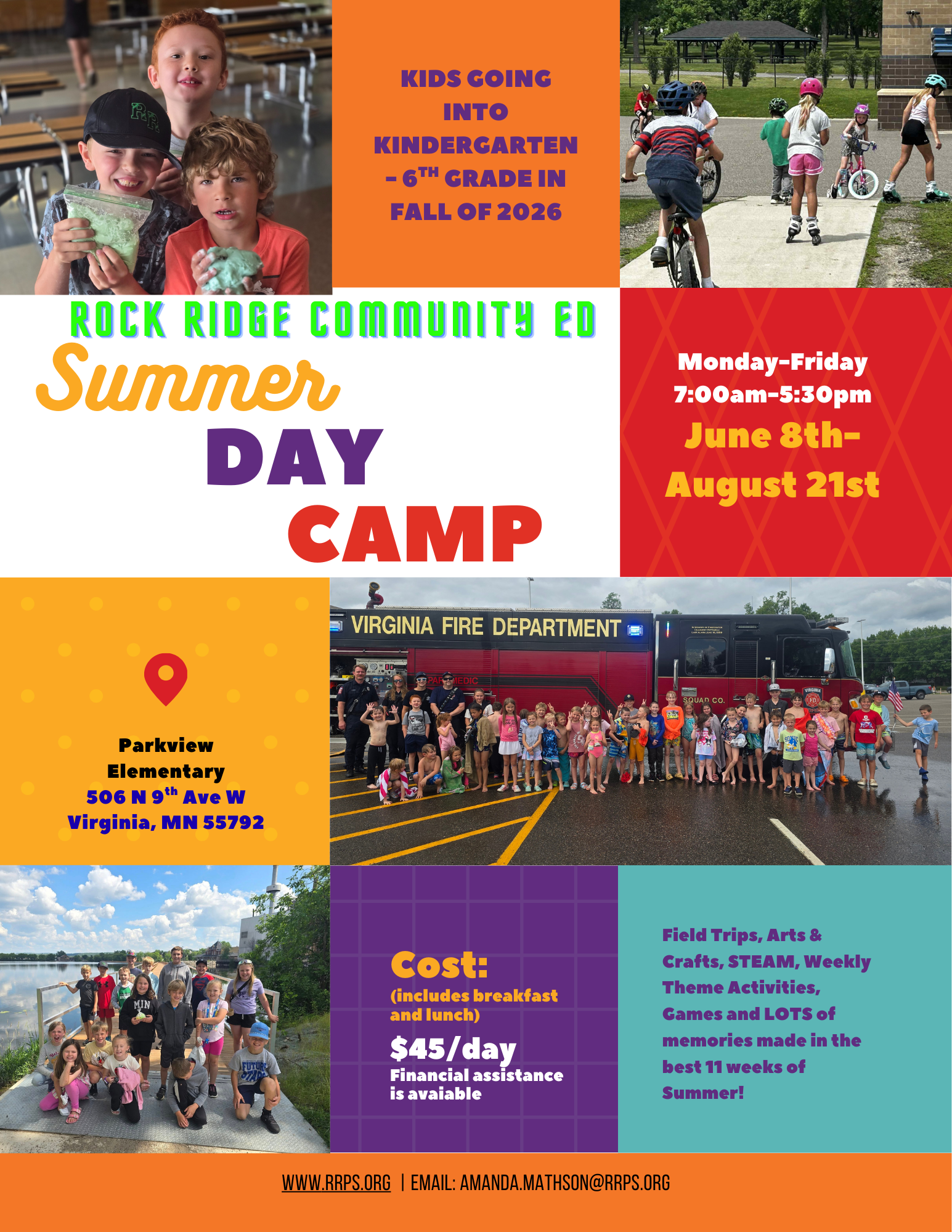 Kids play and craft at summer camp, ride bikes, and visit a fire truck. Text details the Rock Ridge Summer Day Camp for K-6th grade, June 8–August 21, at Parkview Elementary—$45/day with meals, activities, and lessons on Wolverine care included.
