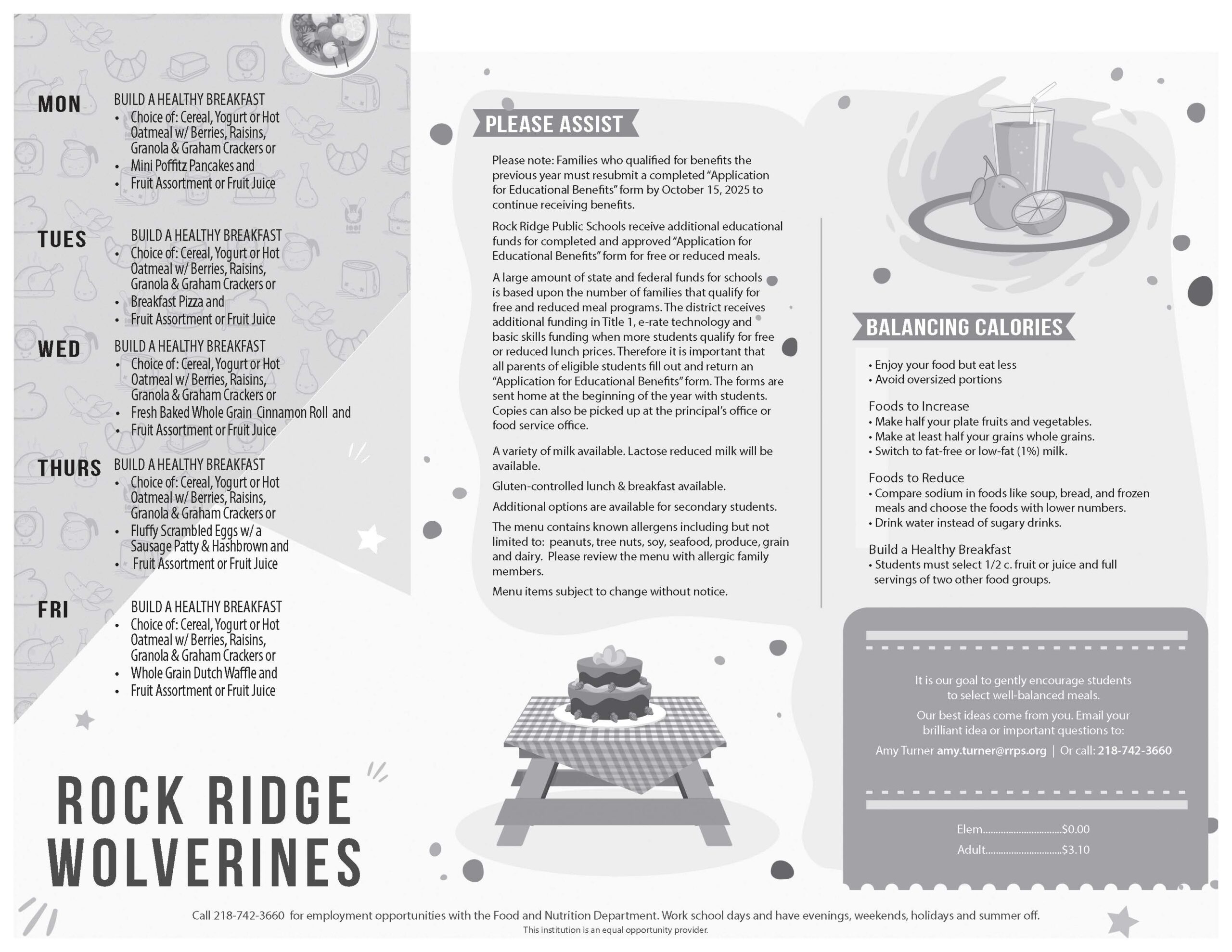 Rock Ridge Wolverines weekly breakfast menu (Mon-Fri), highlights Monthly Menus, a “Please Assist” section for free/reduced meals, a “Balancing Calories” nutrition tip, plus images of food trays, juice, and a picnic table.