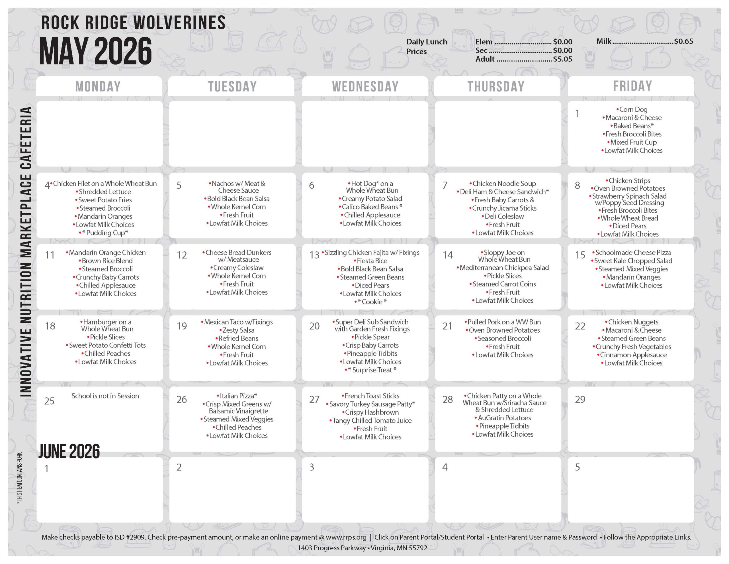 Rock Ridge Wolverines cafeteria monthly menus for May 2026 display daily lunch options, including main dishes, sides, and milk choice. Prices: student $3.00, adult $5.55, milk $0.65.