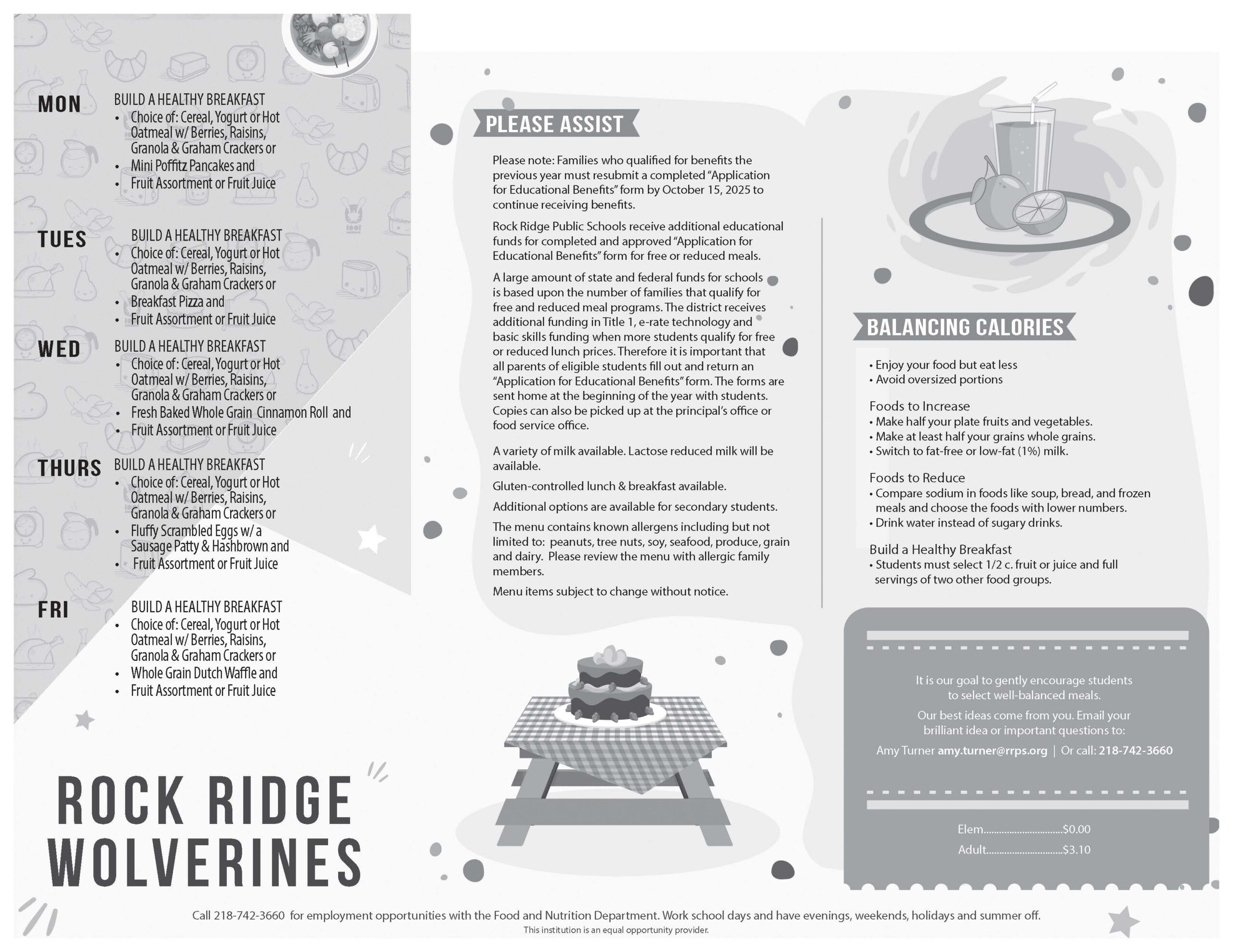 Black and white school breakfast menu featuring Monthly Menus, a weekly schedule, nutrition tips, a picnic table graphic, sections on assistance and balancing calories. Includes the Rock Ridge Wolverines logo and contact details at the bottom.