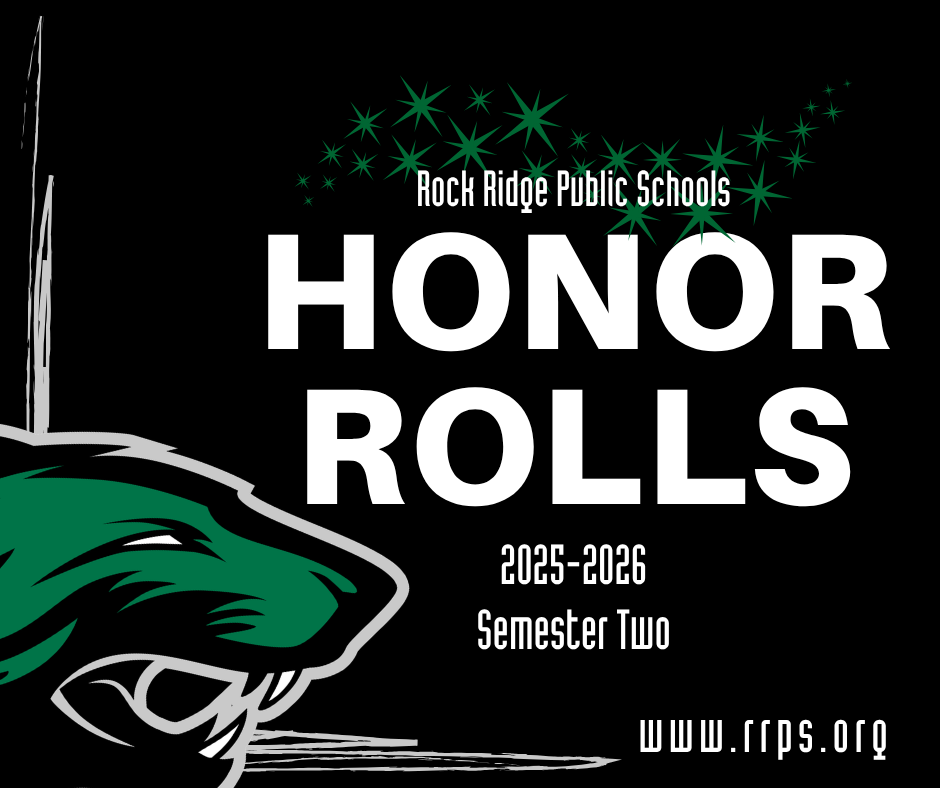 Black graphic with a green and white panther head, green stars, and bold white text: RRHS Semester 2 Honor Rolls 2025-2026. Website www.rrps.org appears at the bottom right.