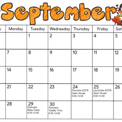 A colorful September 2026 calendar with leaves, a smiling child, and class events listed on the last week; open houses and baby/toddler classes are noted—perfect for families interested in Early Childhood Education and Laurentian ECFE programs.