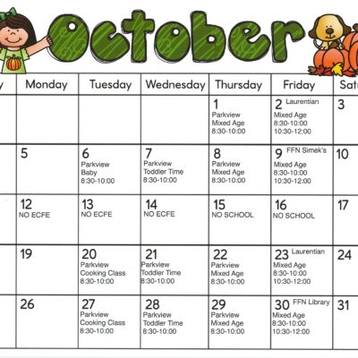 Illustrated October 2026 calendar featuring cartoon children, pumpkins, and a dog. Includes important dates for Early Childhood Education events such as Laurentian ECFE and Parkview Family Education, plus NO SCHOOL on October 15. Days of the week run Sunday to Saturday.