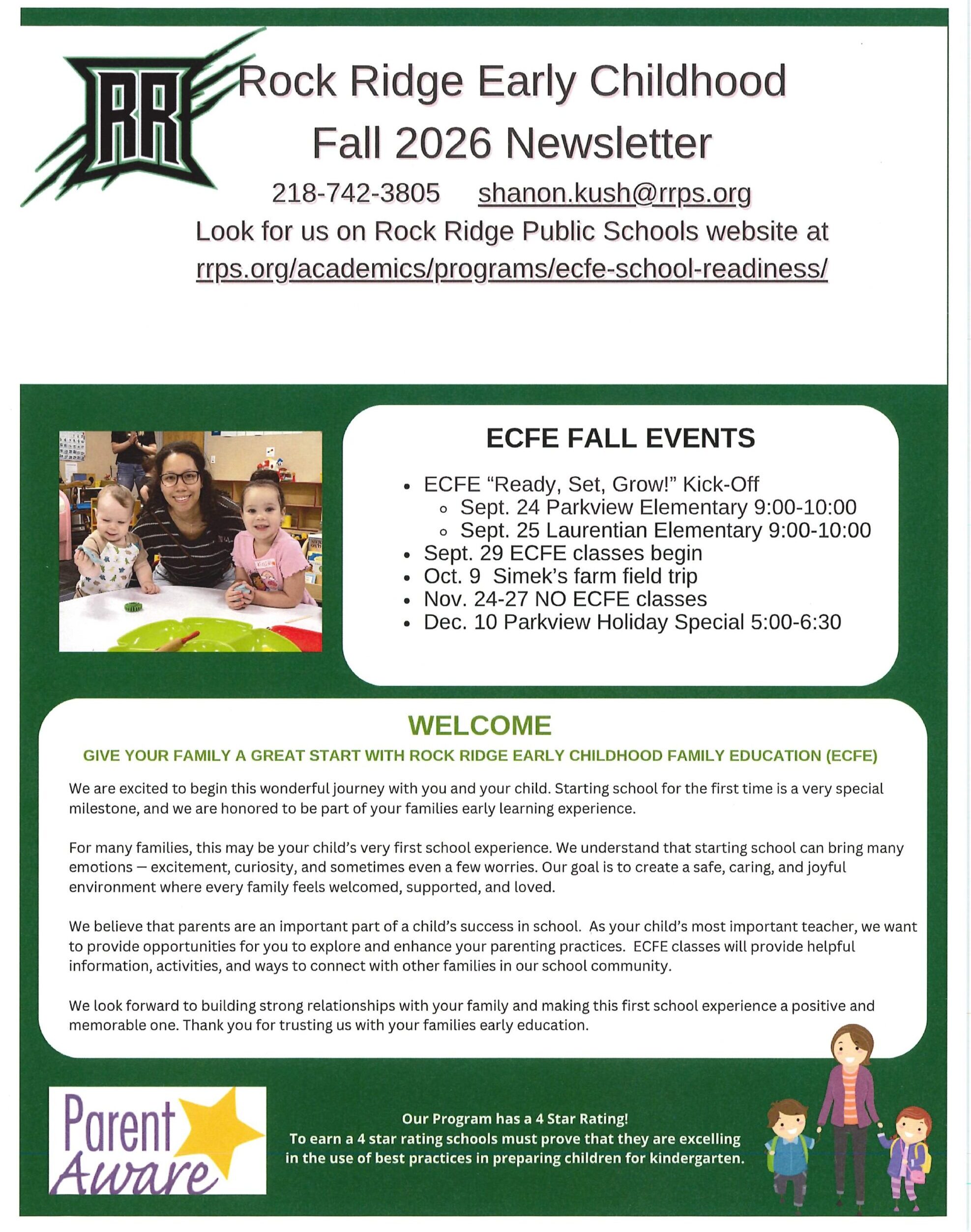Newsletter for Rock Ridge Early Childhood Fall 2026 with event dates, welcome note, and contact info. Includes images of children and adults reading and a Parent Aware badge at the bottom left. This edition also highlights available family resources to support parents and caregivers throughout the school year.