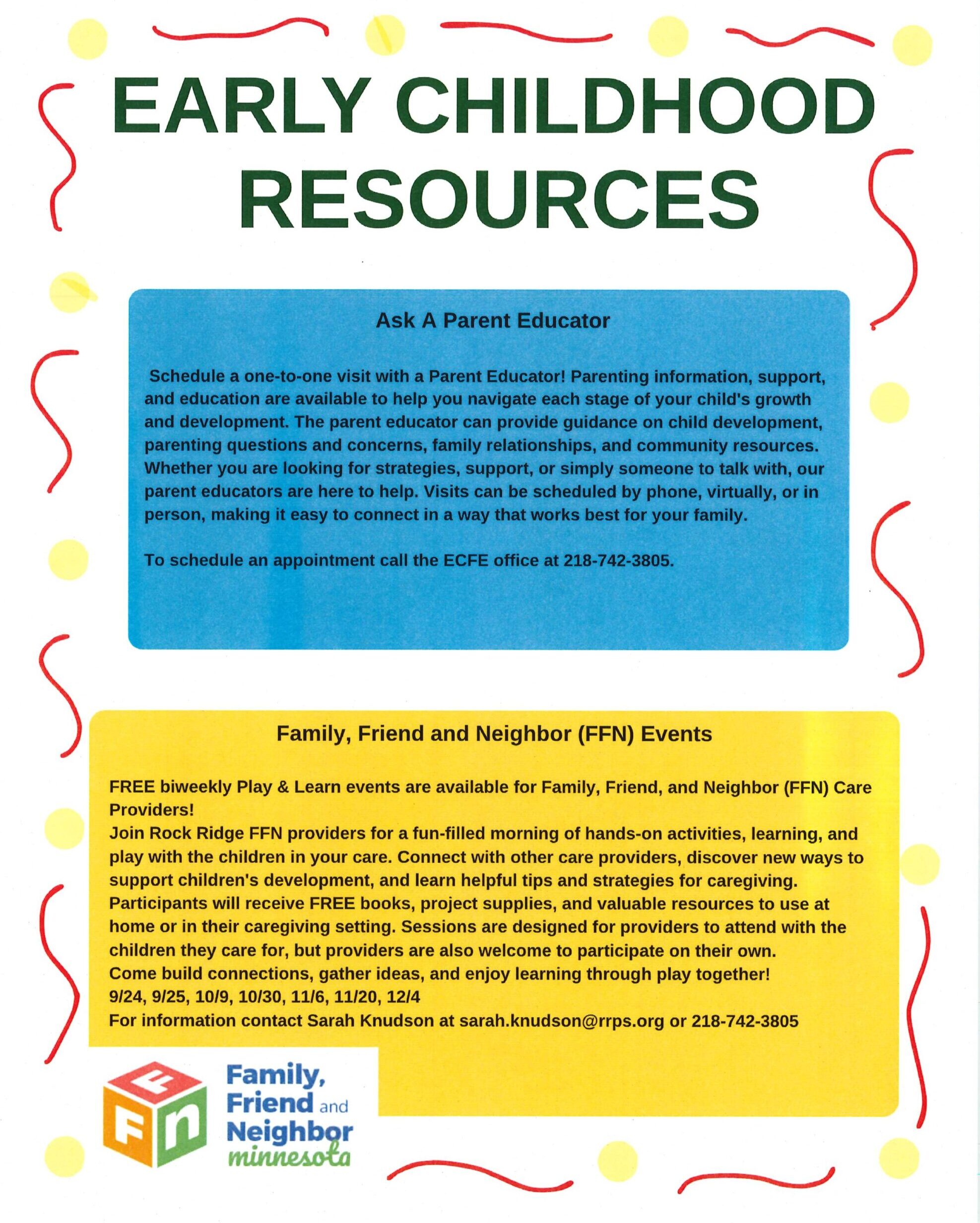 Flyer titled Early Childhood Resources with blue and yellow boxes describing parent educator services, Family Support offerings, and free caregiver events. Family, Friend and Neighbor Minnesota logo is at the bottom. Text is framed by colorful spots.