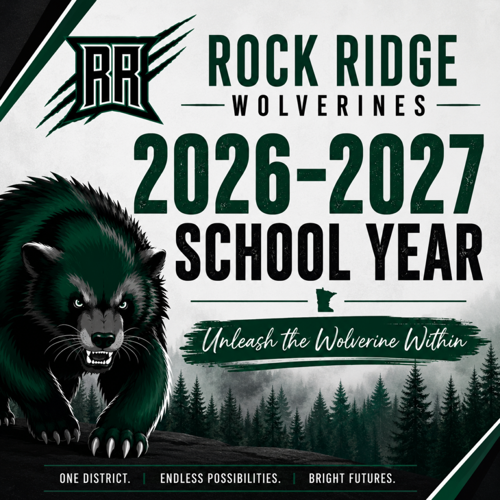 A fierce wolverine illustration beside bold text promoting Rock Ridge Wolverines for the 2026-2027 school year, with slogans about possibilities and bright futures on a forest-themed background.