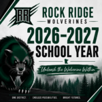 A fierce wolverine illustration beside bold text promoting Rock Ridge Wolverines for the 2026-2027 school year, with slogans about possibilities and bright futures on a forest-themed background.