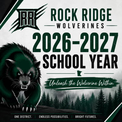 A fierce wolverine illustration beside bold text promoting Rock Ridge Wolverines for the 2026-2027 school year, with slogans about possibilities and bright futures on a forest-themed background.