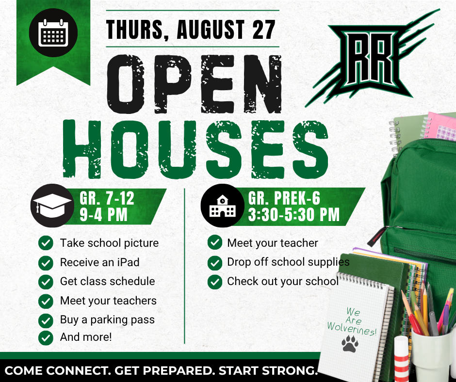 A school open house flyer highlighting Open Houses for grades 7-12 and PreK-6 on August 27, 2026. The flyer features dates, times, grades, and a list of activities alongside images of school supplies, books, and a backpack. Bold text prominently promotes the upcoming Open Houses to welcome students and families for an exciting start to the new school year.