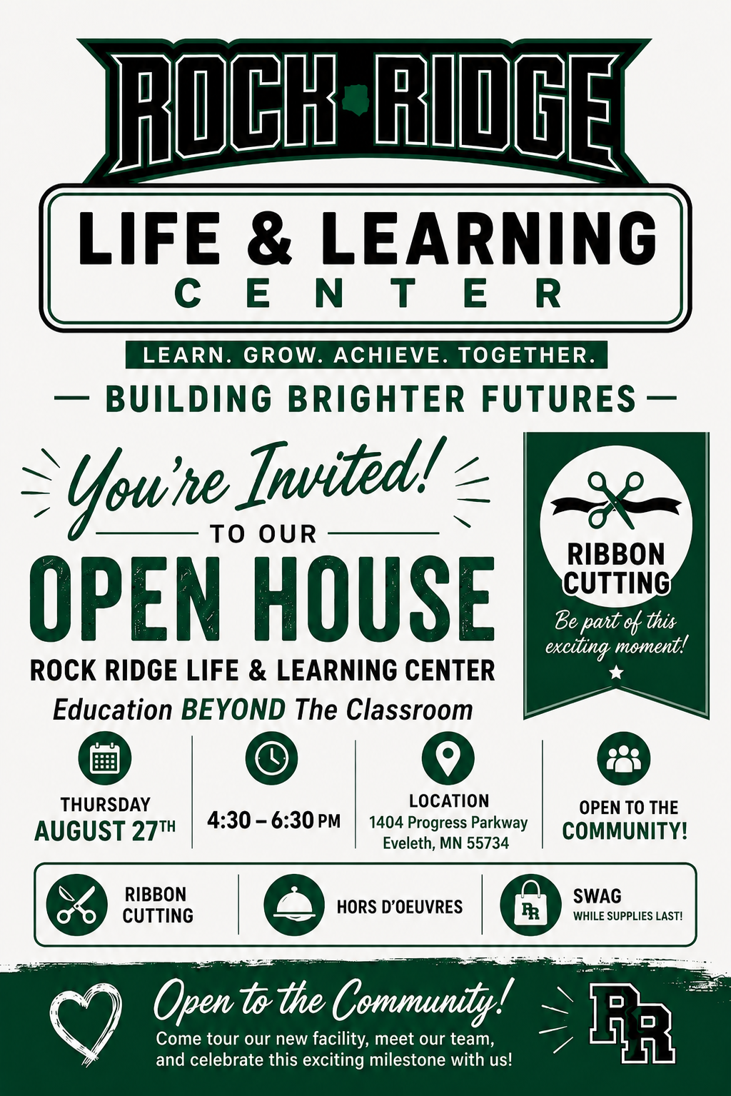 Flyer for Rock Ridge Life & Learning Center Open House, featuring event date, time, location, and ribbon-cutting details. Join us for our Open Houses on August 27, 2026. Green and white theme with invitation and center logo at the bottom.