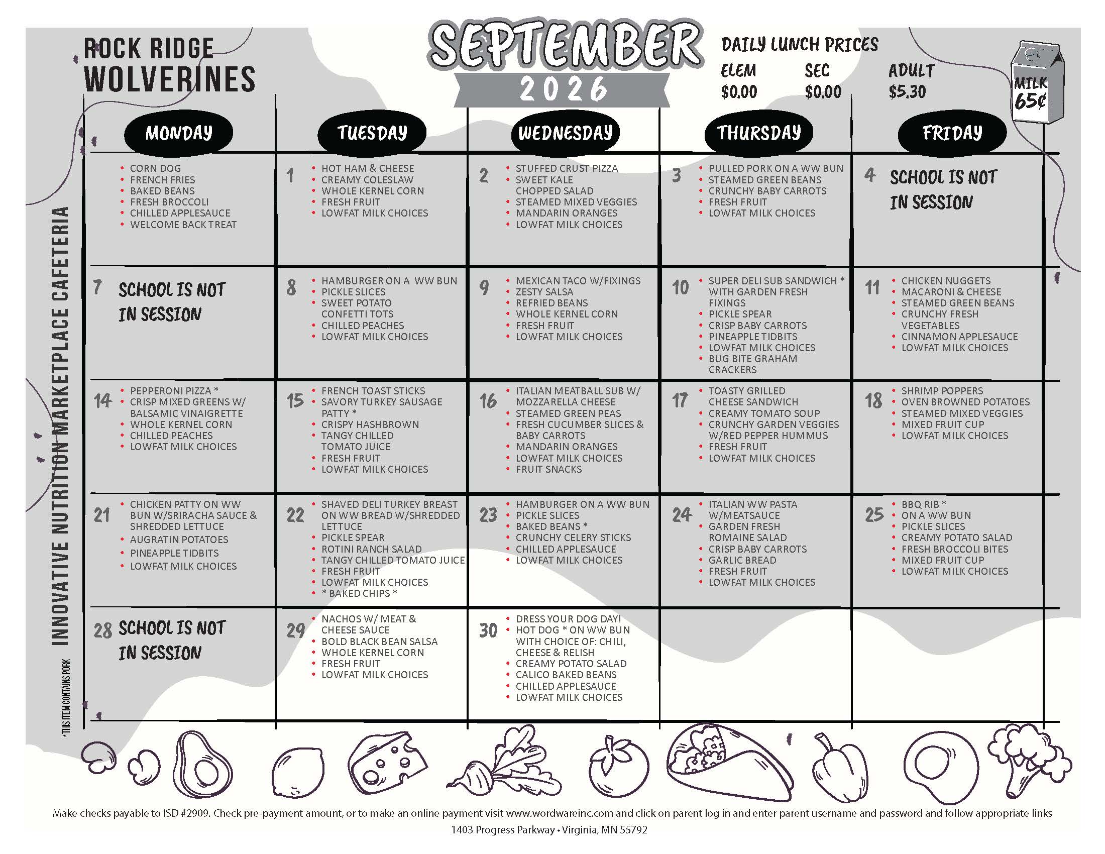 Rock Ridge September 2026 Monthly Menus lunch calendar features daily meal options, noting school holidays and early release days. The menu includes varied entrees, sides, and milk prices, with cheerful cartoon food graphics decorating the border.