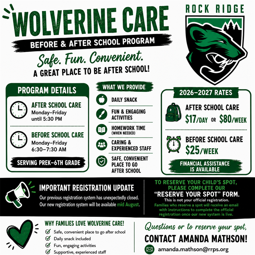 Flyer for Wolverine Cares before and after school program, showcasing the schedule, activities, rates, and contact information. Main colors are green, white, and black, featuring a wolverine mascot and a large call for registration. With a focus on Wolverine care and wellbeing, our program supports students through engaging activities that promote both learning and wolverine health.
