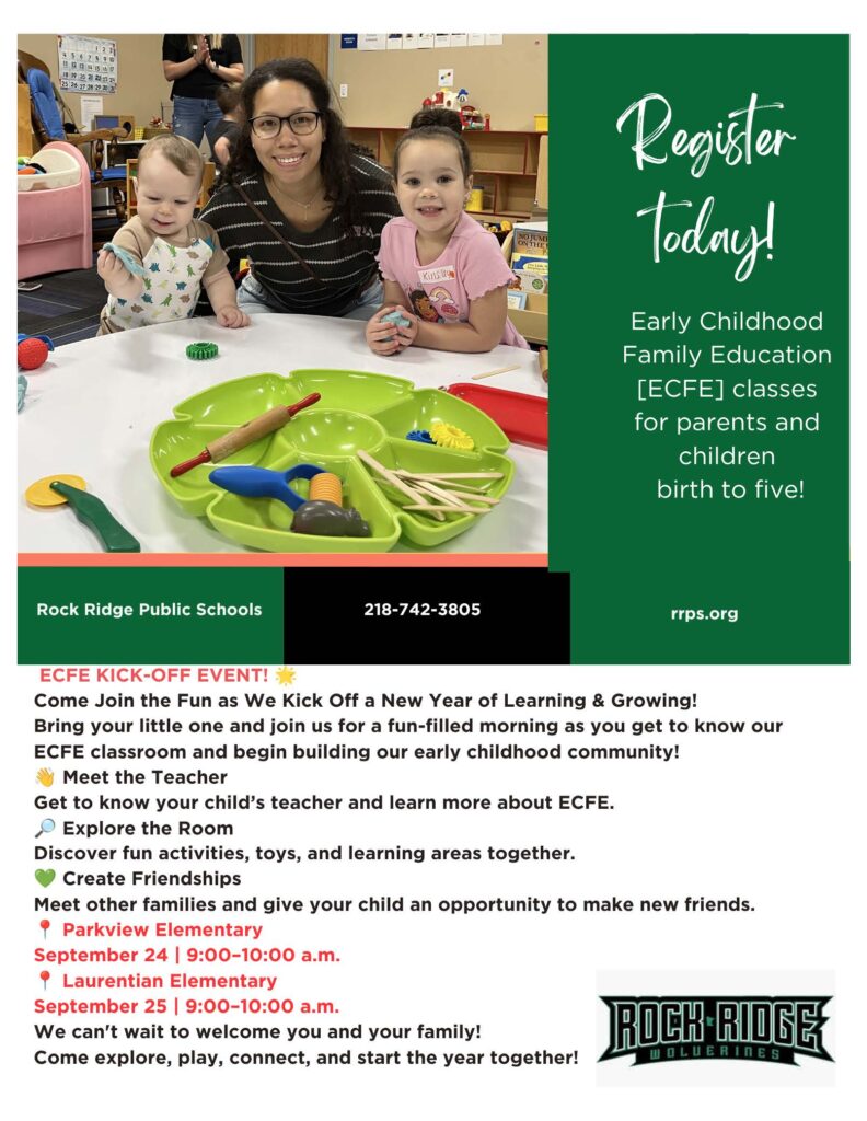A teacher and three young children play with colorful plastic food at a table in a classroom. Text promotes Early Childhood Family Education (ECFE) classes and lists dates and details for Parkview and Laurentian Elementary events.