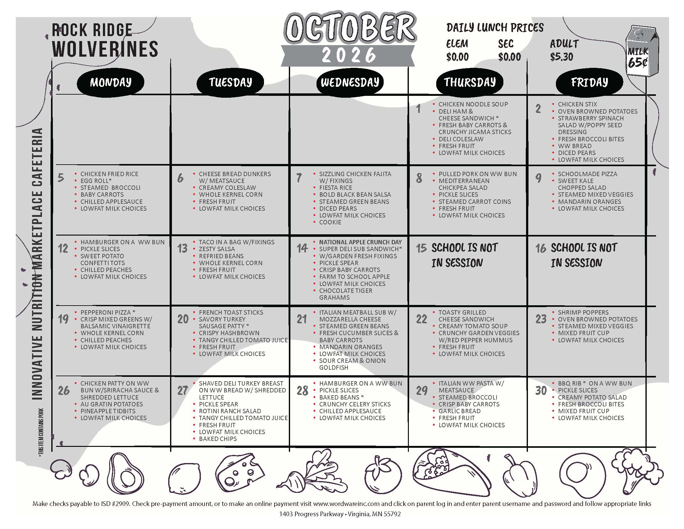 Rock Ridge Wolverines October 2026 Monthly Menus lunch calendar, showing daily meal options for each weekday, with prices and milk cost, and icons for meal components at the bottom. No school on the 15th and 16th.