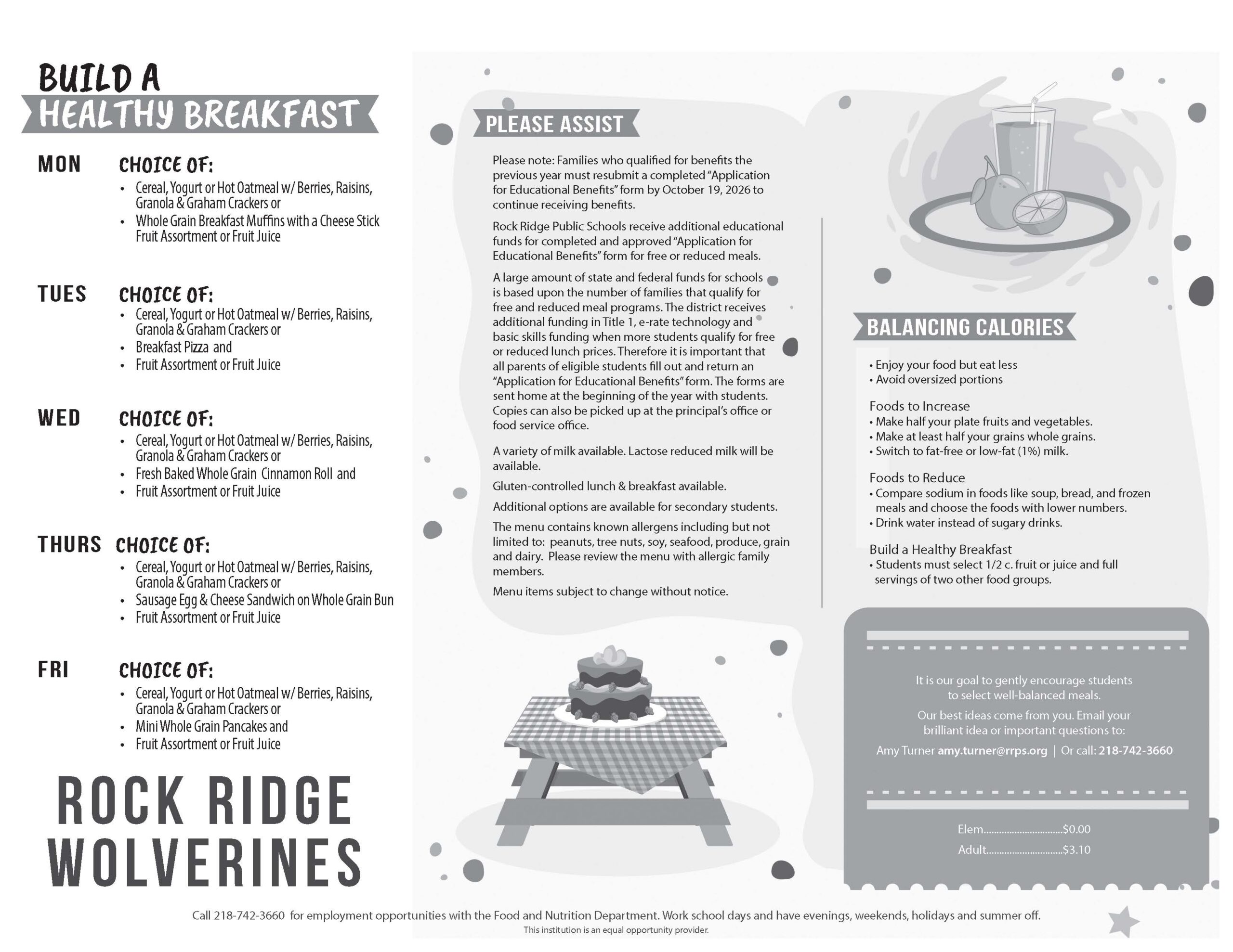 A black-and-white school breakfast menu lists daily options, features a Monthly Menus section, a Please Assist area about meal programs, nutrition info, a milk and fruit graphic, and a picnic table illustration. Rock Ridge Wolverines is written at the bottom.
