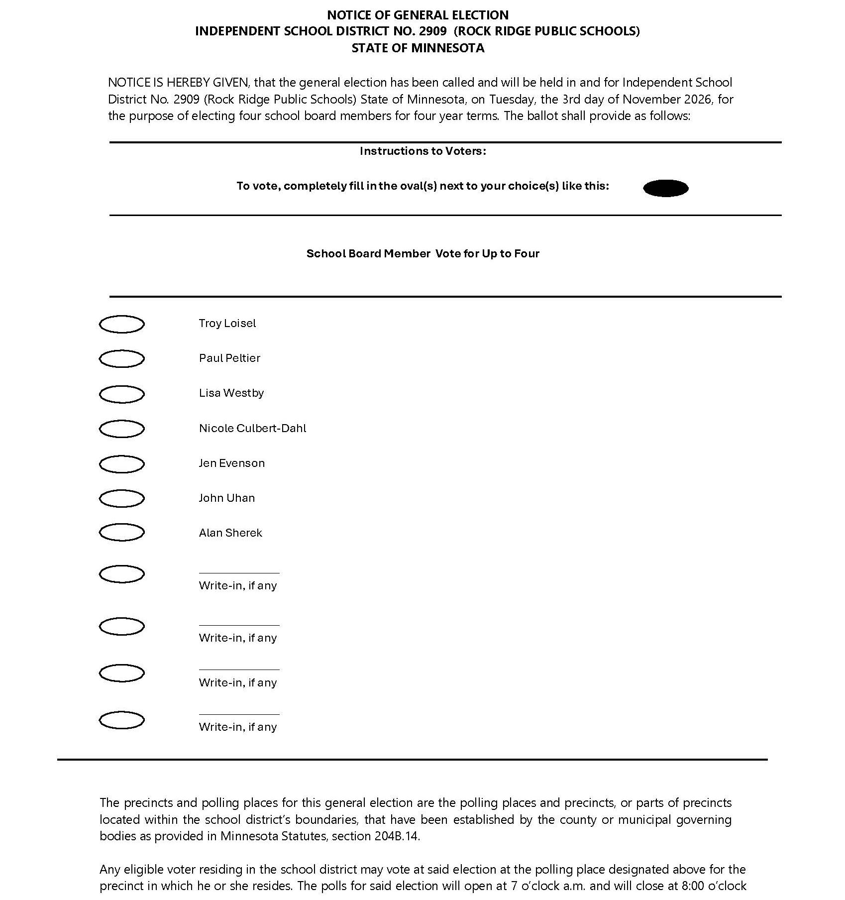 Ballot for the Rock Ridge Public Schools general election on November 3, 2026, listing candidates for school board member.