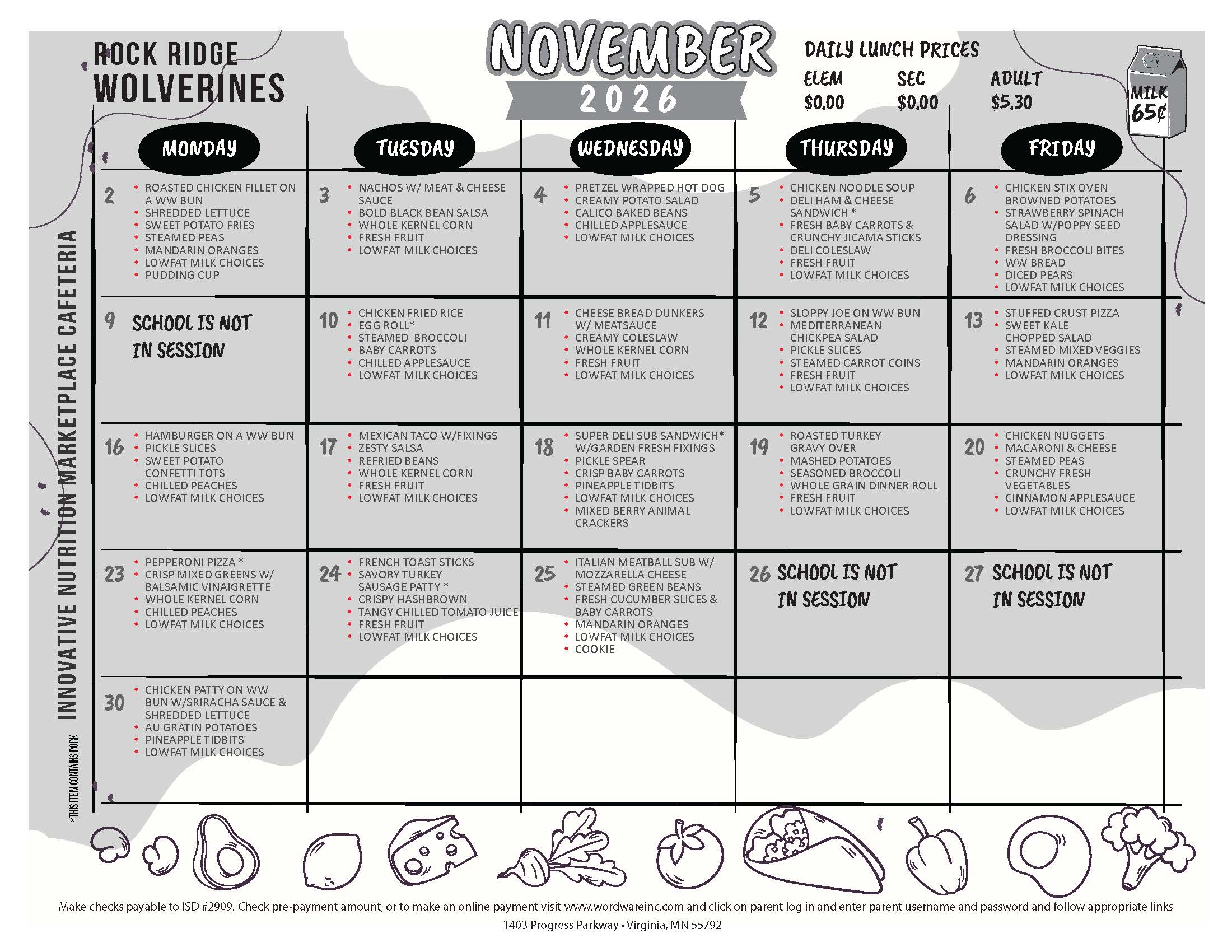 November 2026 lunch menu for Rock Ridge Wolverines, providing a dining schedule for Monday through Friday, school closure dates, and meal pricing for monthly menus.